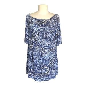 Viamor Blue Paisley Print Off Shoulder Tunic Top Blouse Dress Women's Size Small